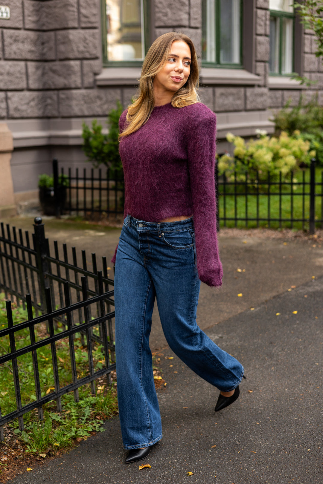 Hairy Knit Fitted Sweater Burgundy