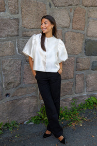 Cleo Puff-Sleeve Satin Blouse Ivory