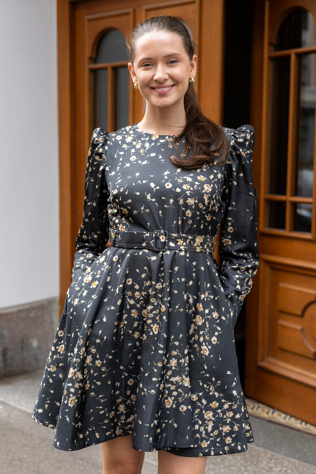 Tailored Satin Belt Dress Black Roses