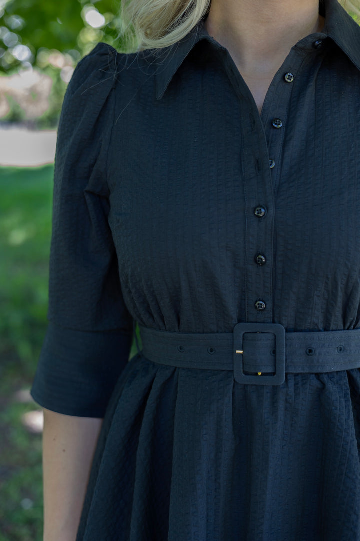 Seersucker Flounce Dress Black