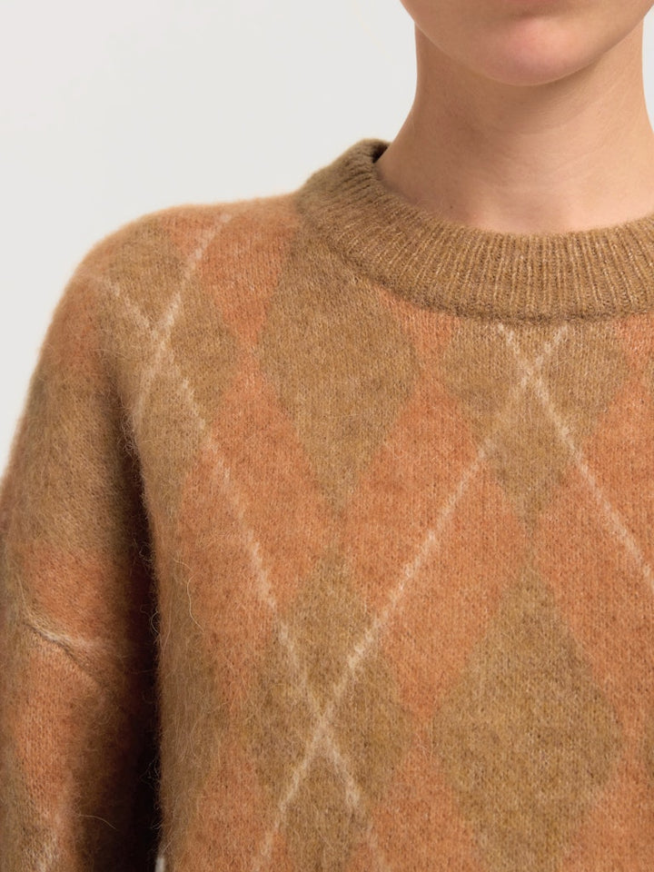 Lulu Brushed Ls Argyle Knit O-Neck Golden Brown Birch And Ermine Argyle