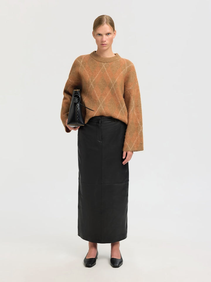 Lulu Brushed Ls Argyle Knit O-Neck Golden Brown Birch And Ermine Argyle