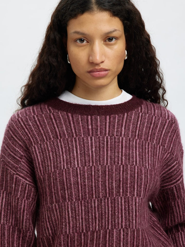 Alva Ls Knit Stripe O-Neck Fig Ligther Fig