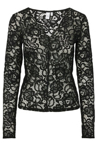 Lacey Ls V-Neck Lace Top Black