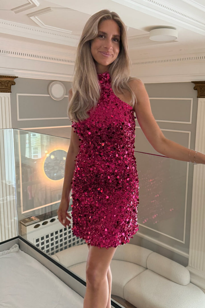 Emily Mini Dress Fuchsia Pink Sequin