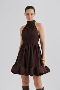 Fern Halterneck Ruffled Mini Dress Chocolate