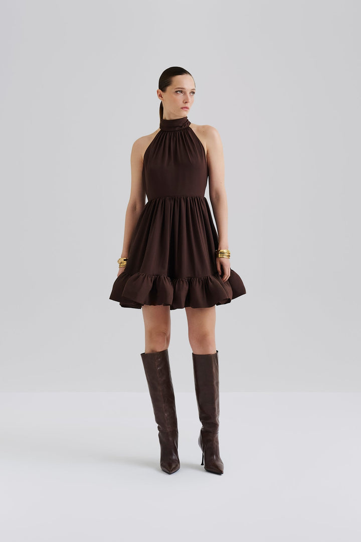 Fern Halterneck Ruffled Mini Dress Chocolate | Kjoler | Smuk - Dameklær på nett