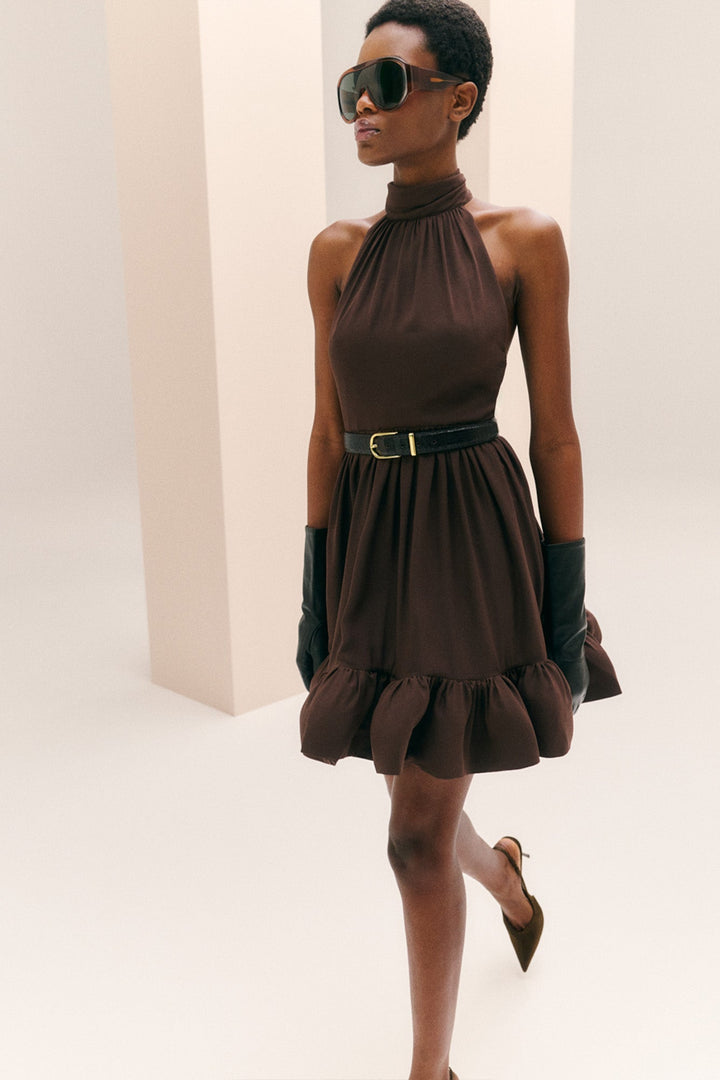 Fern Halterneck Ruffled Mini Dress Chocolate | Kjoler | Smuk - Dameklær på nett
