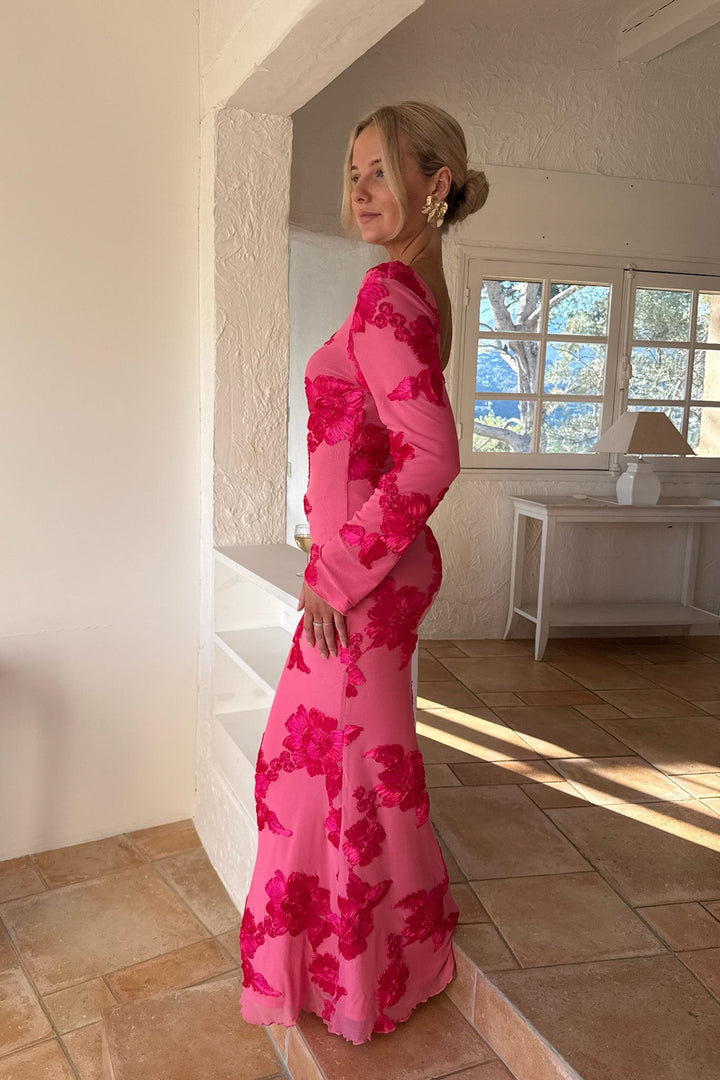Flora Mesh Dress Fuchsia Pink Flower | Kjoler | Smuk - Dameklær på nett