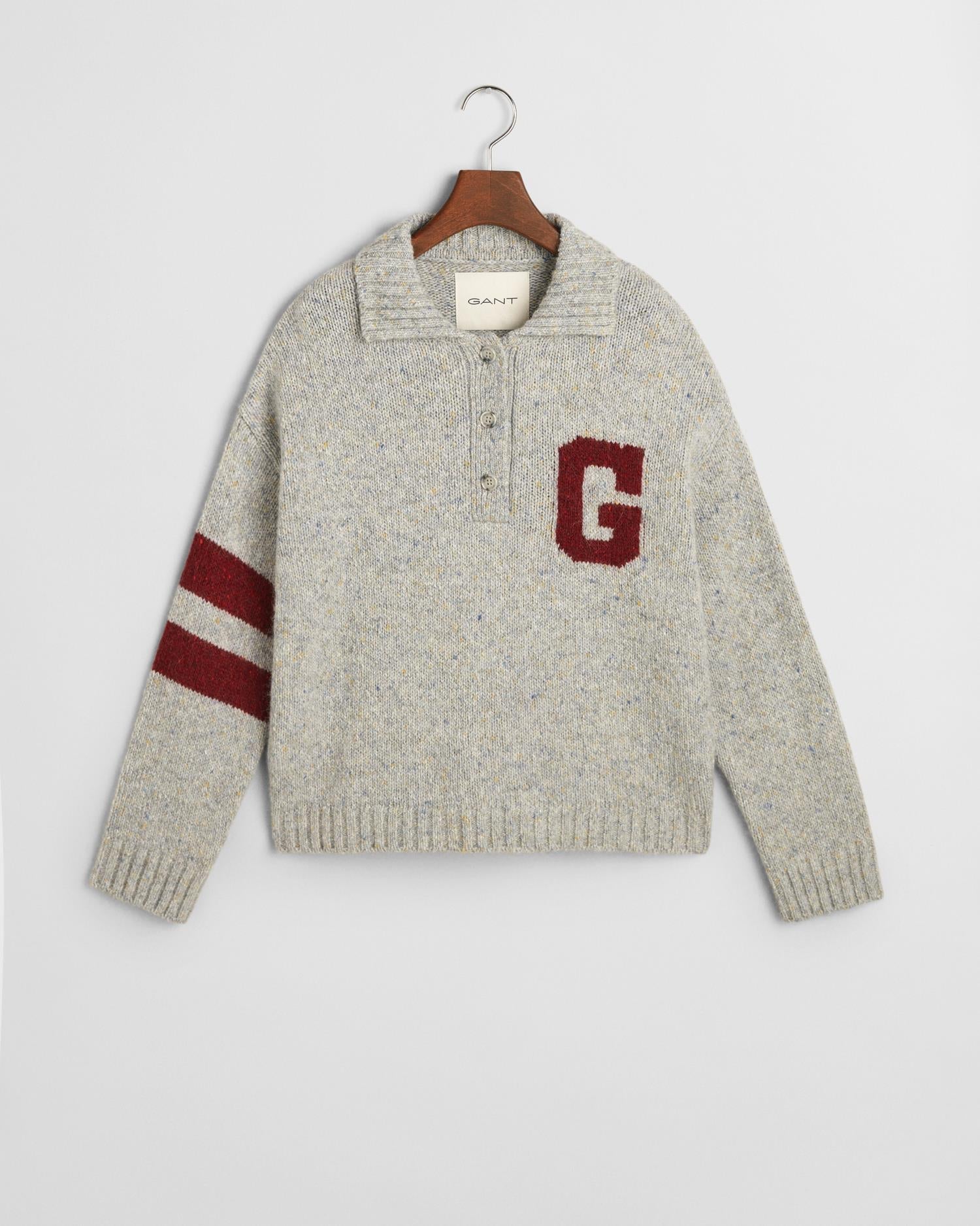GANT - G Intarsia Knitted Polo Sweater Light Grey Melange - Smuk