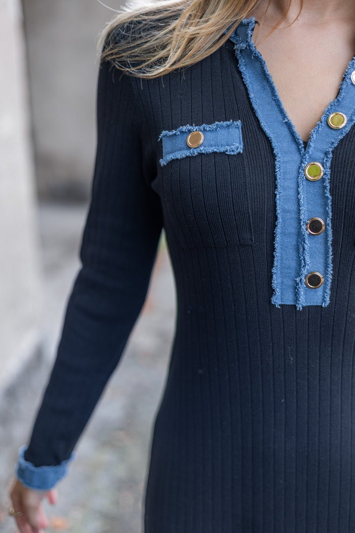 Jersey Dress with Jeans Details Black | Kjoler | Smuk - Dameklær på nett