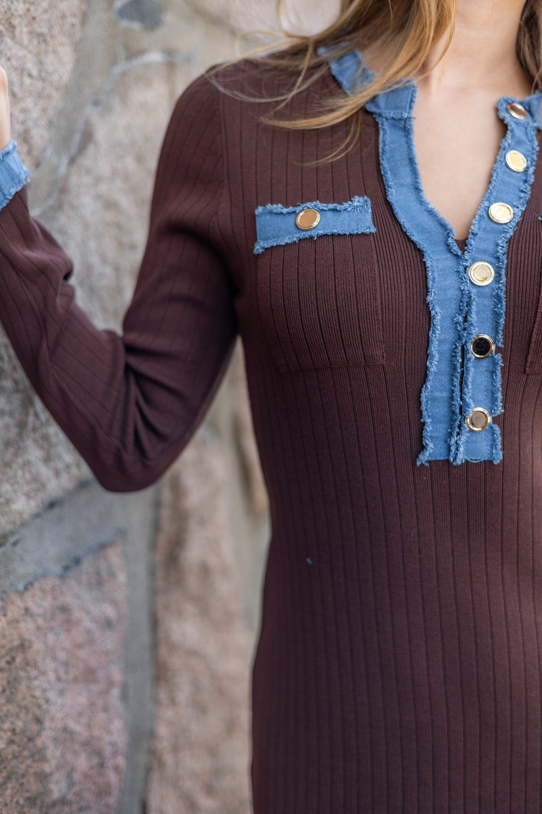 Jersey Dress with Jeans Details Choco | Kjoler | Smuk - Dameklær på nett