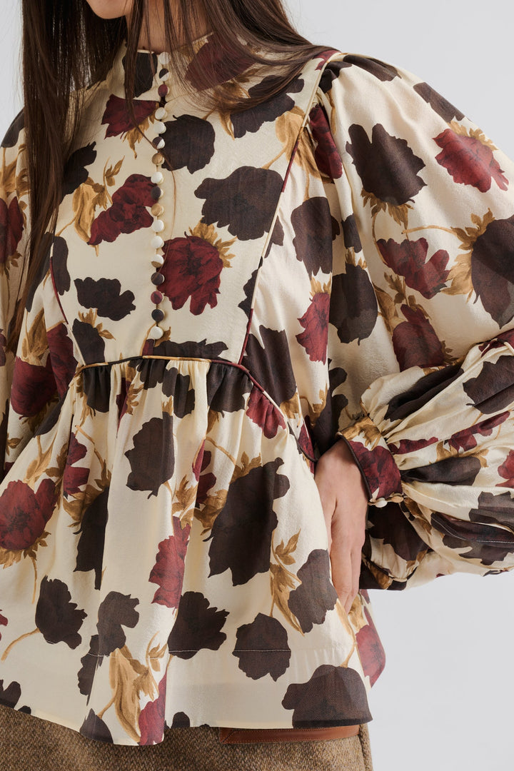 Pernilla High Neck Balloon Sleeve Blouse Wine Peony | Skjorter og bluser | Smuk - Dameklær på nett