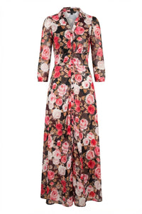 Satin Button-Down Dress Midnight Roses