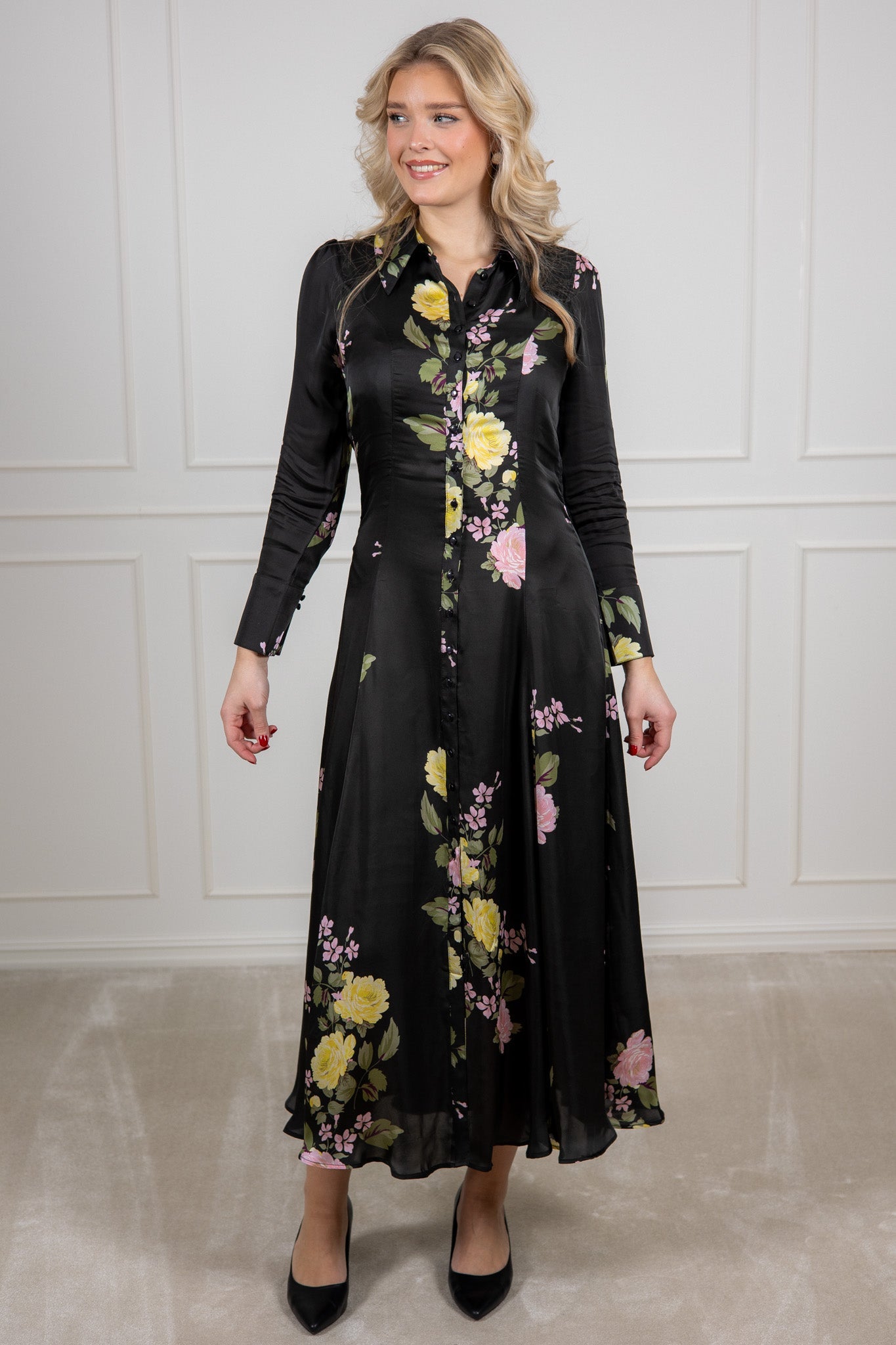Satin Button-Down Dress Vivid Bouquet