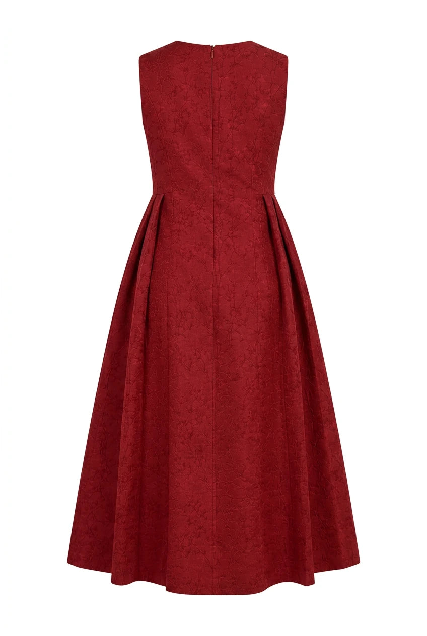 Brocade Pleated Midi Dress Cherry