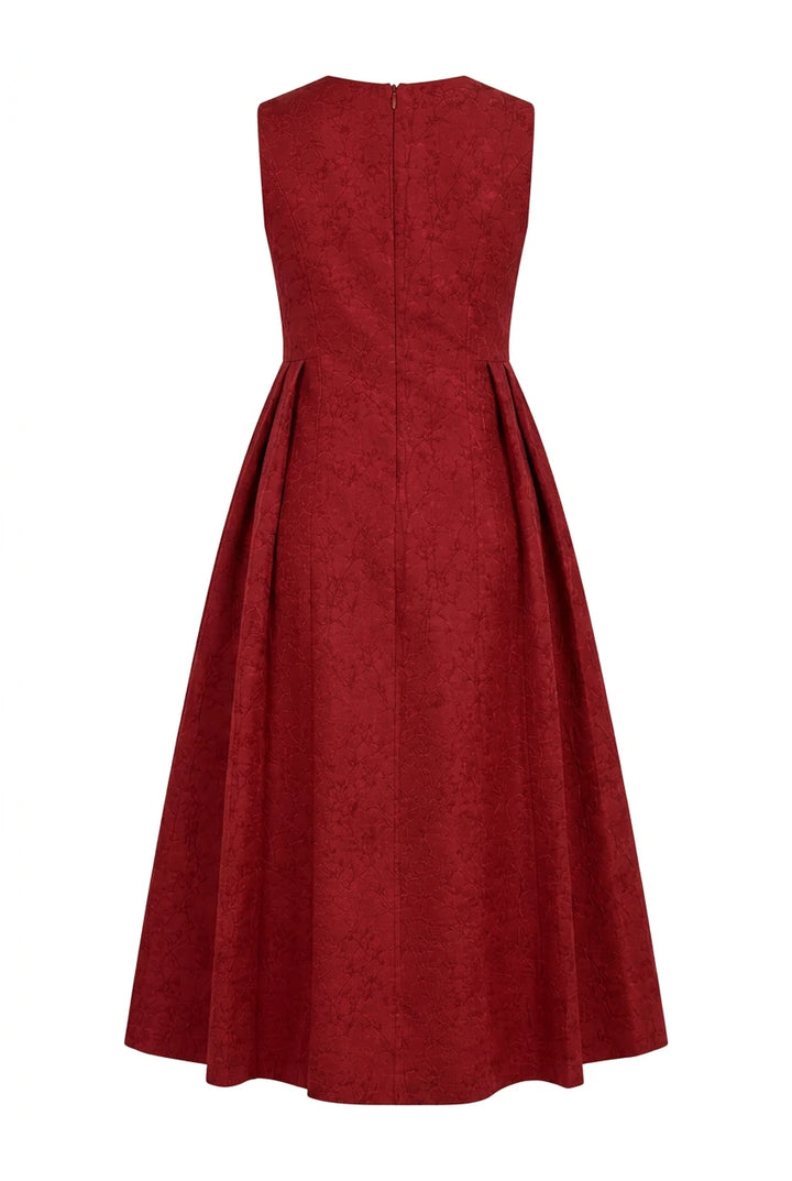 Brocade Pleated Midi Dress Cherry