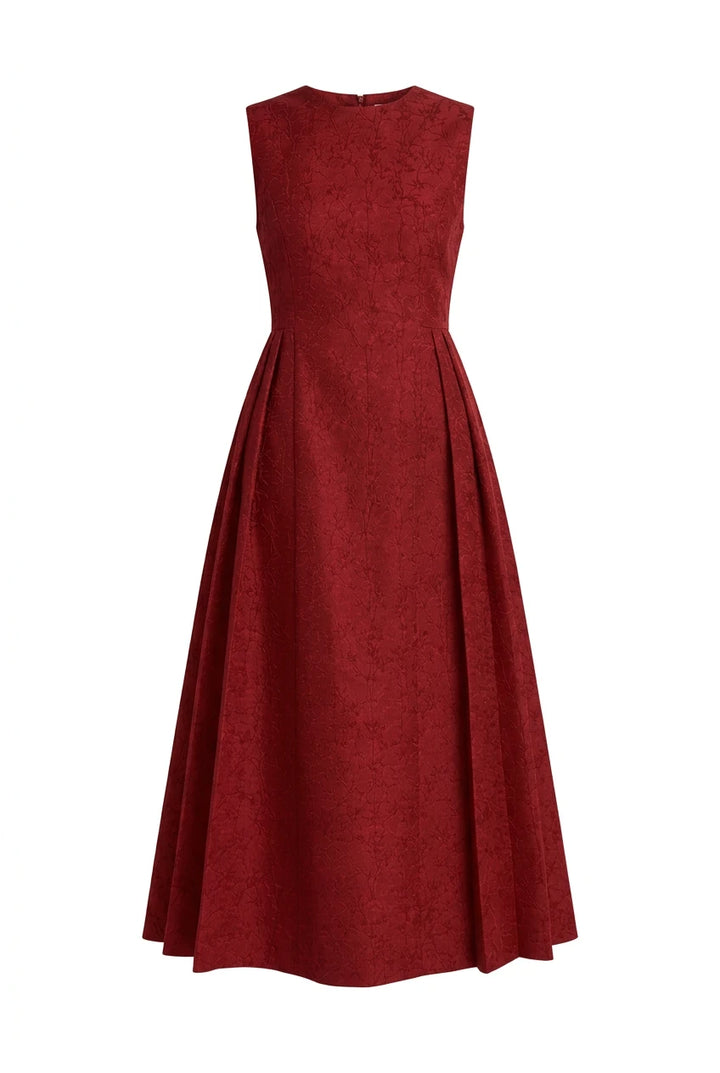 Brocade Pleated Midi Dress Cherry
