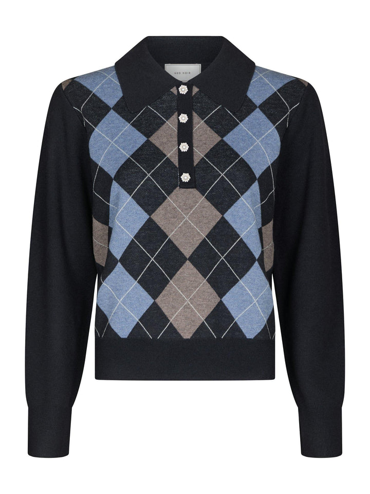 Julina Check Knit Blouse Navy