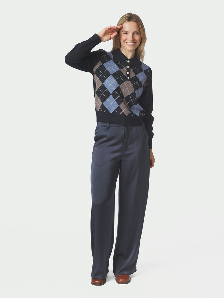 Julina Check Knit Blouse Navy
