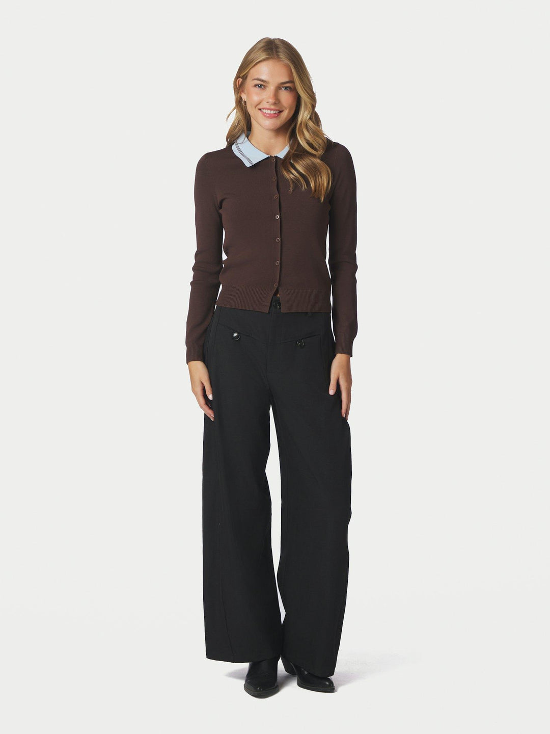 Filiana Contrast Polo Blouse Brown