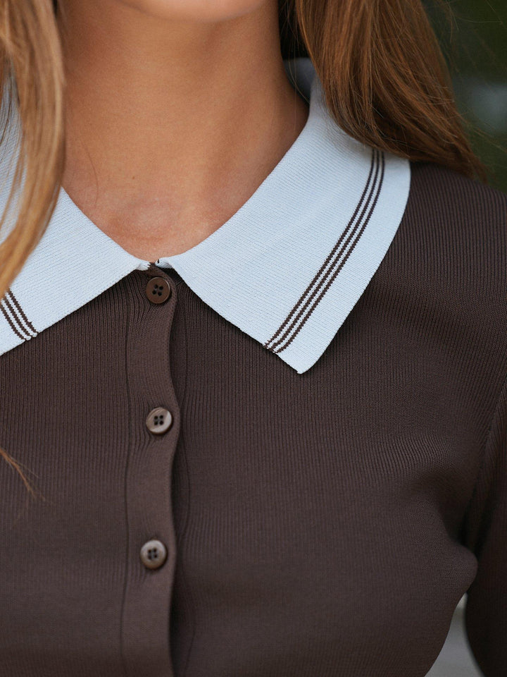 Filiana Contrast Polo Blouse Brown