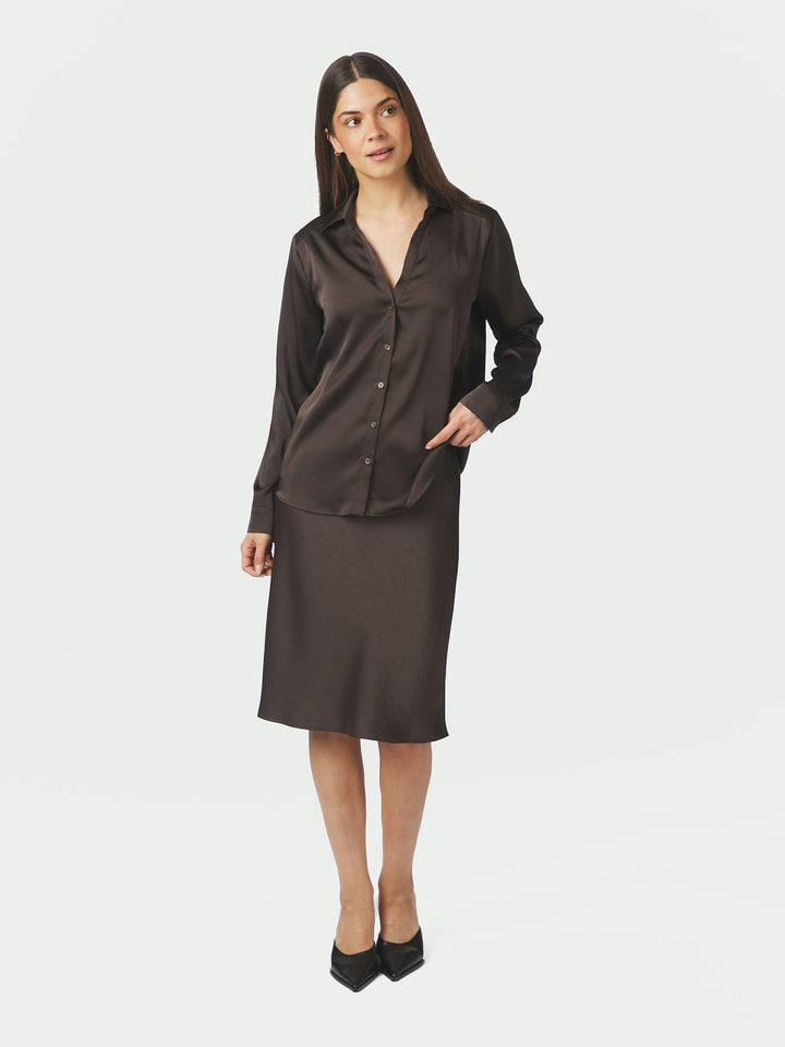 Hazelle Drapy Satin Shirt Dark Brown