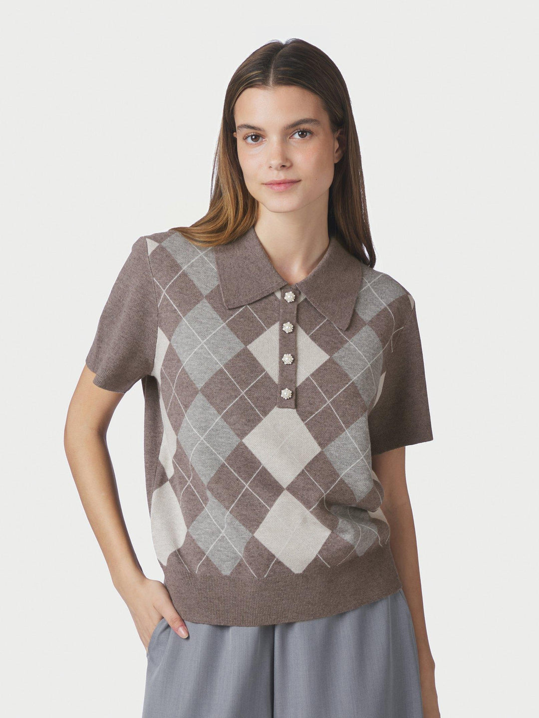 Gia Check Knit Blouse Dark Taupe