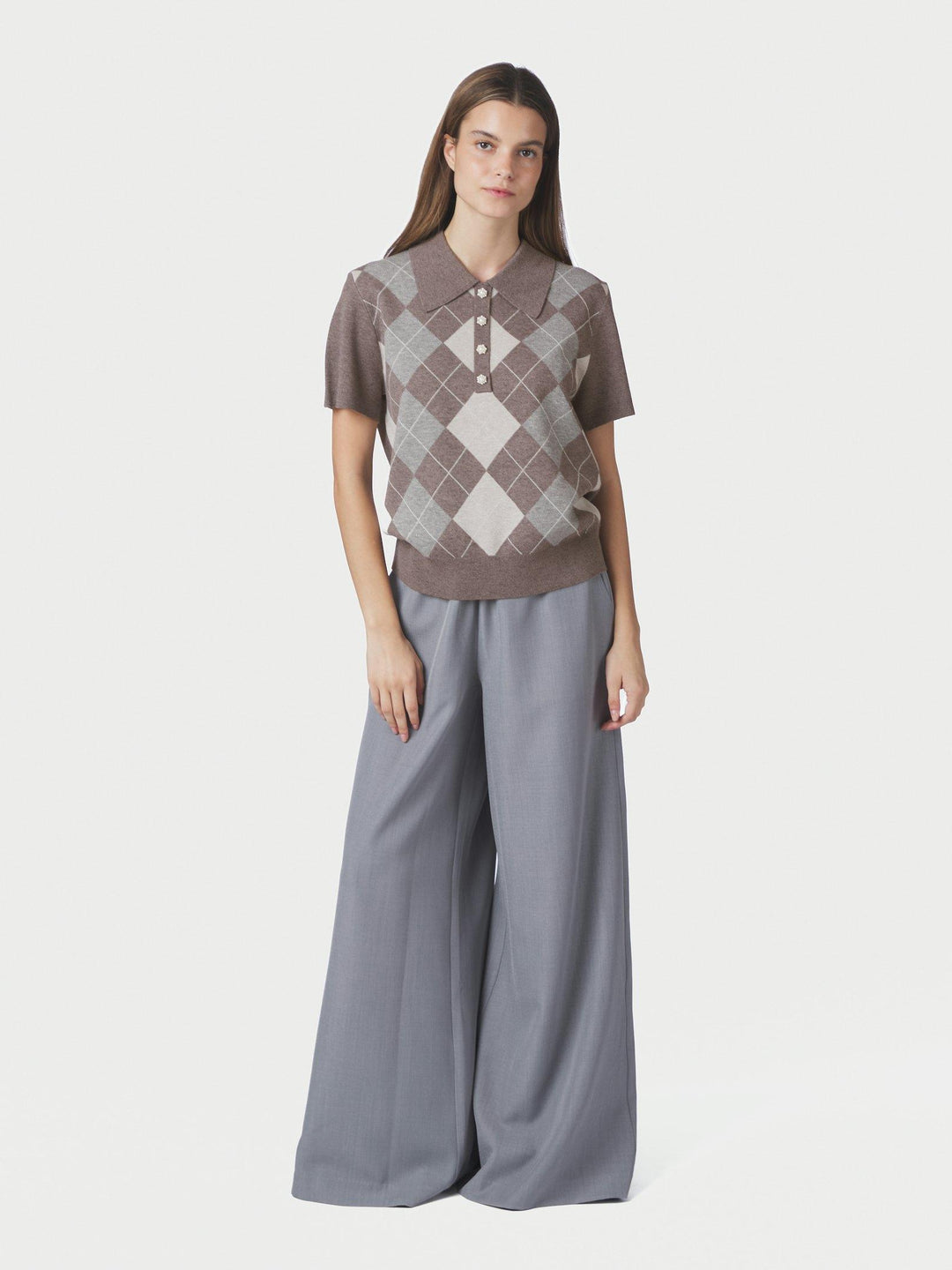 Gia Check Knit Blouse Dark Taupe