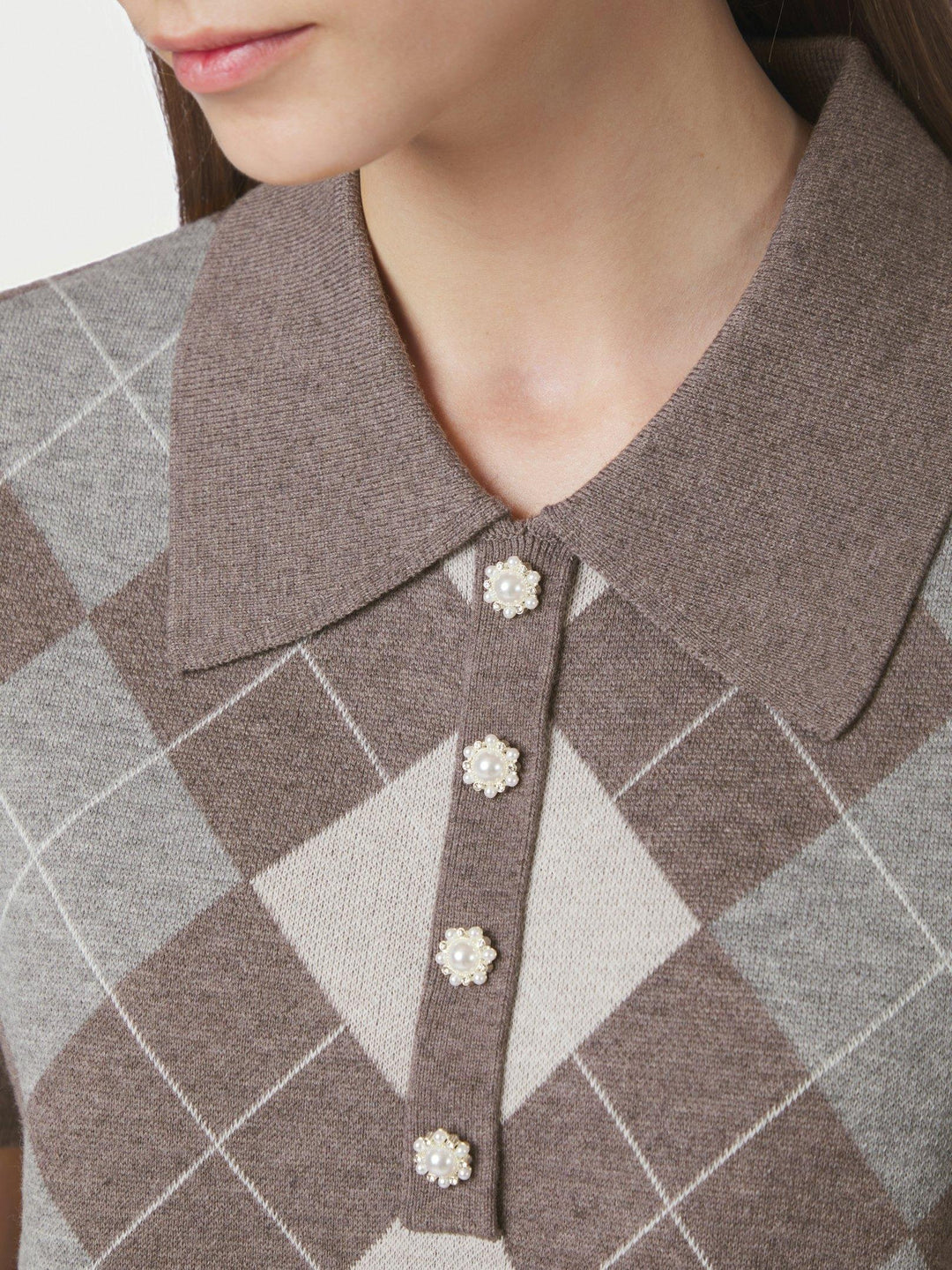 Gia Check Knit Blouse Dark Taupe