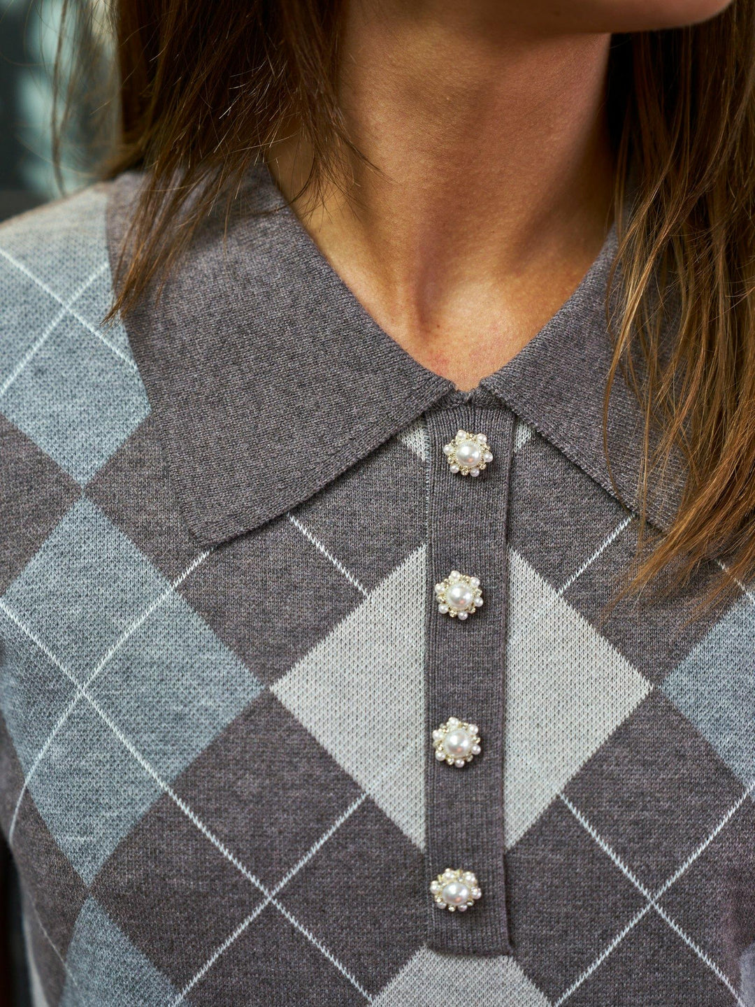 Gia Check Knit Blouse Dark Taupe