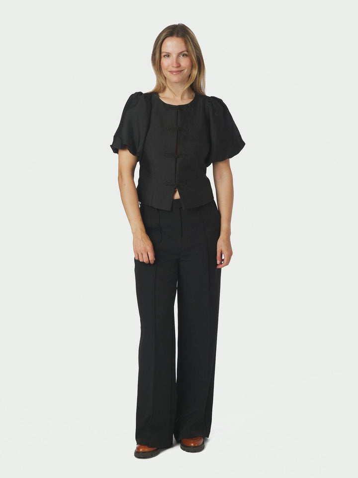 Anela Mandarin Dull Satin Blouse Black