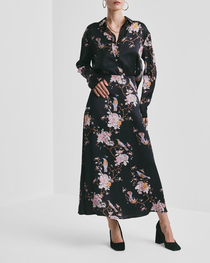 Satin Skirt Midnight Birds