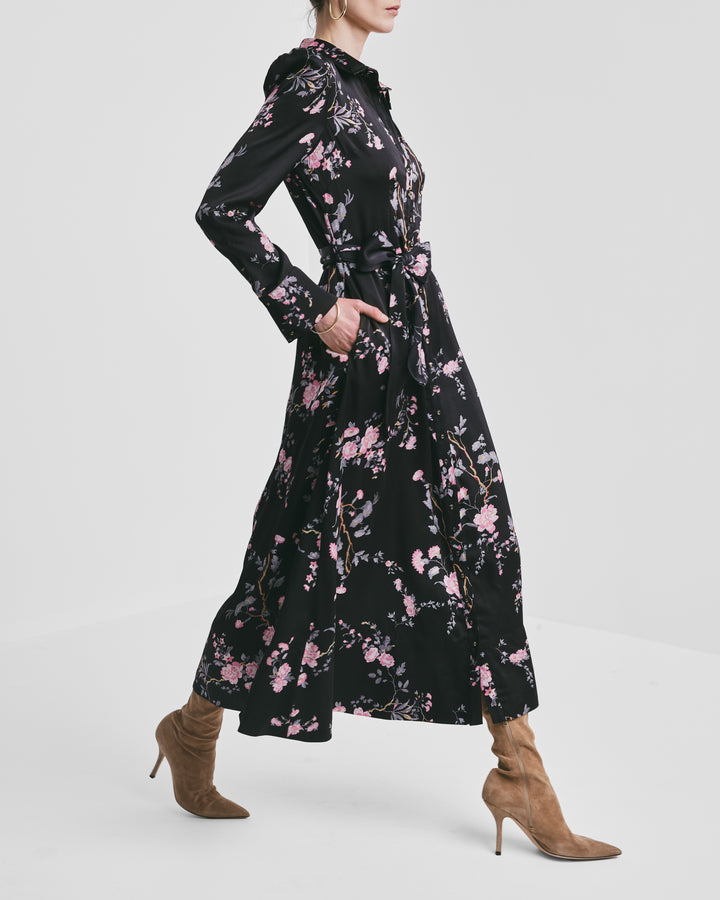Satin Belt Dress Midnight Garden