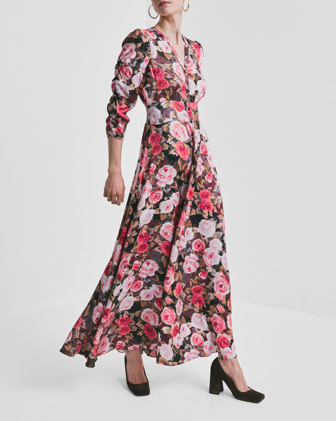 Satin Button-Down Dress Midnight Roses
