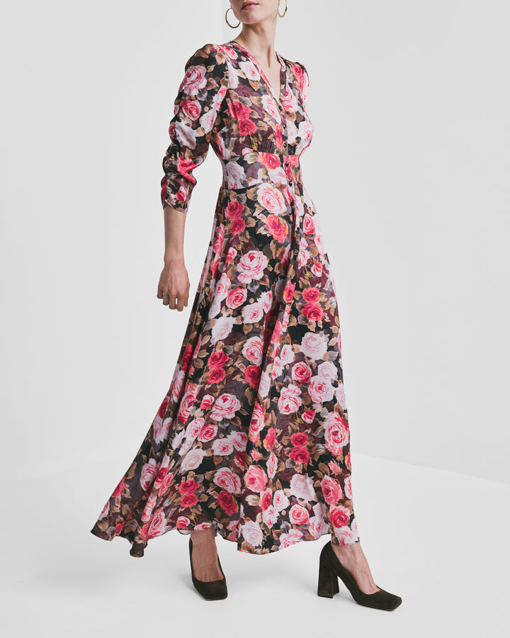 Satin Button-Down Dress Midnight Roses