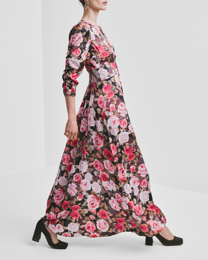 Satin Button-Down Dress Midnight Roses