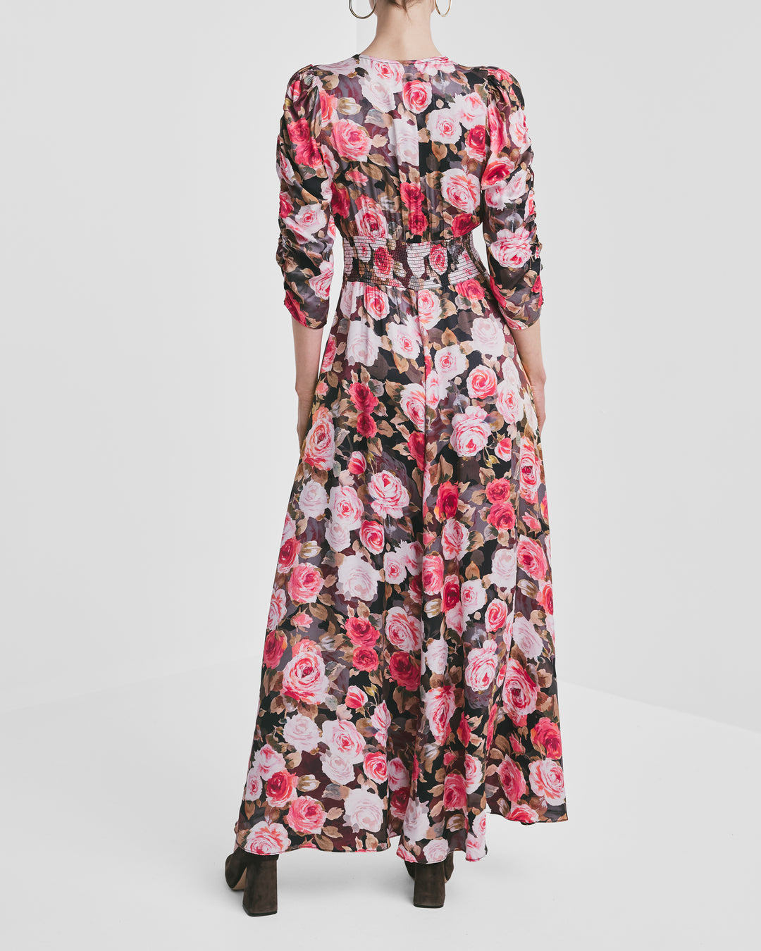Satin Button-Down Dress Midnight Roses