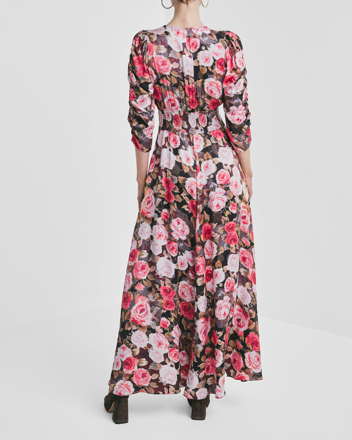 Satin Button-Down Dress Midnight Roses