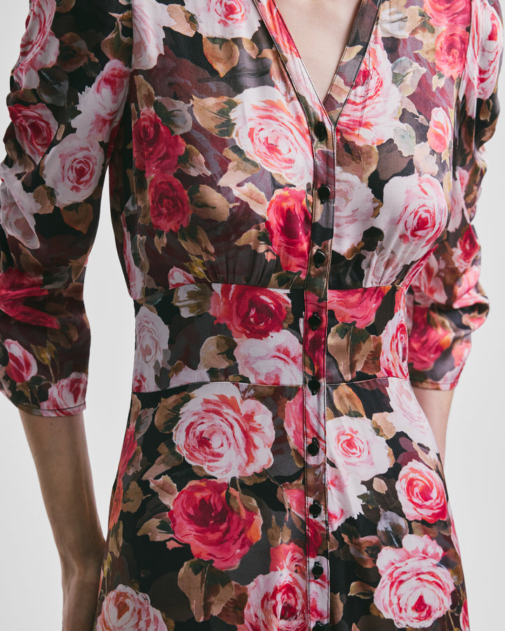 Satin Button-Down Dress Midnight Roses
