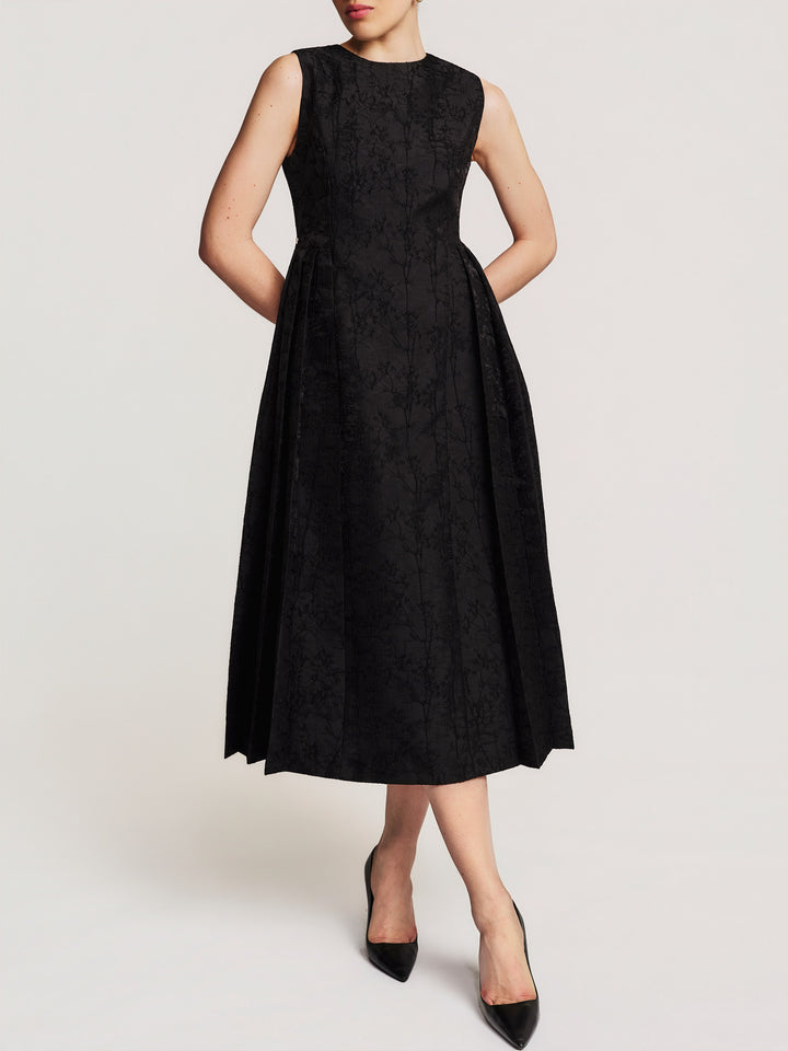 Brocade Pleated Midi Dress Black