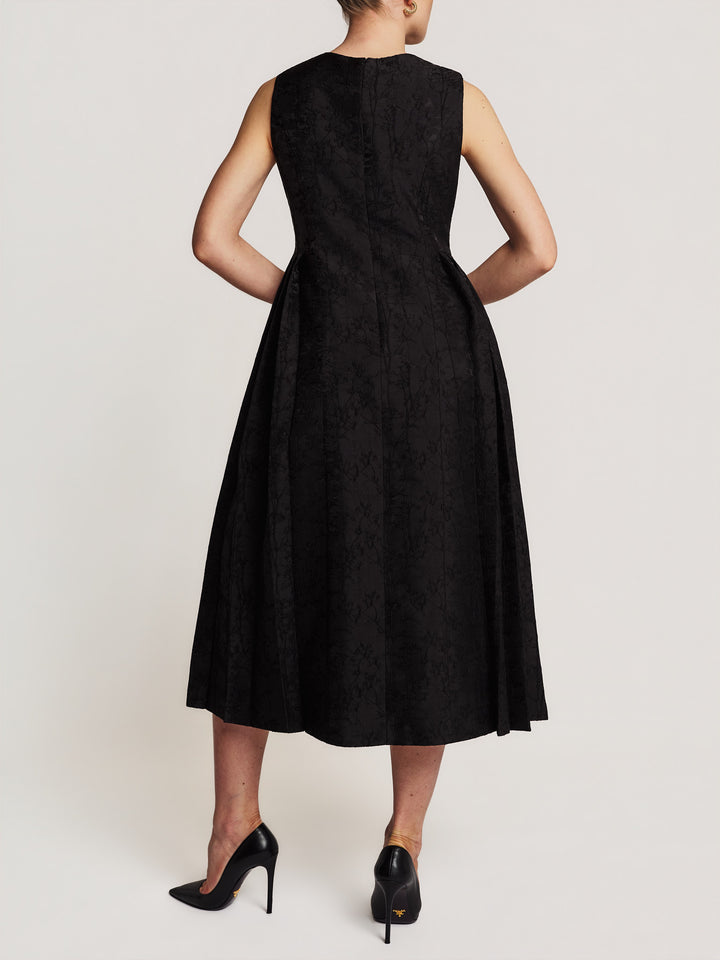 Brocade Pleated Midi Dress Black