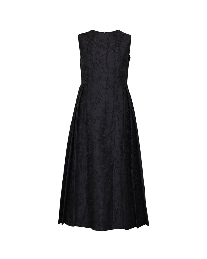 Brocade Pleated Midi Dress Black