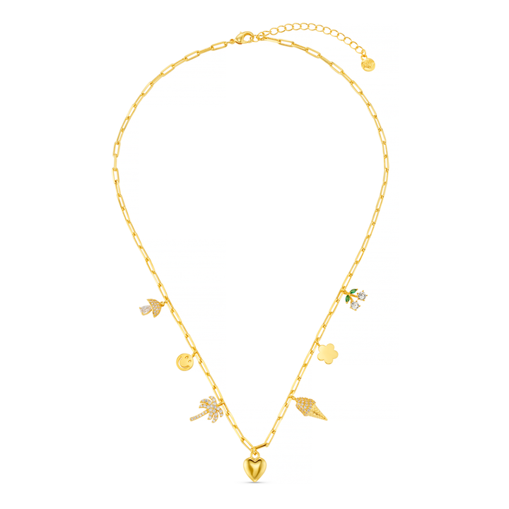 Mixed Eclectic Pave Charm Necklace Pale Gold