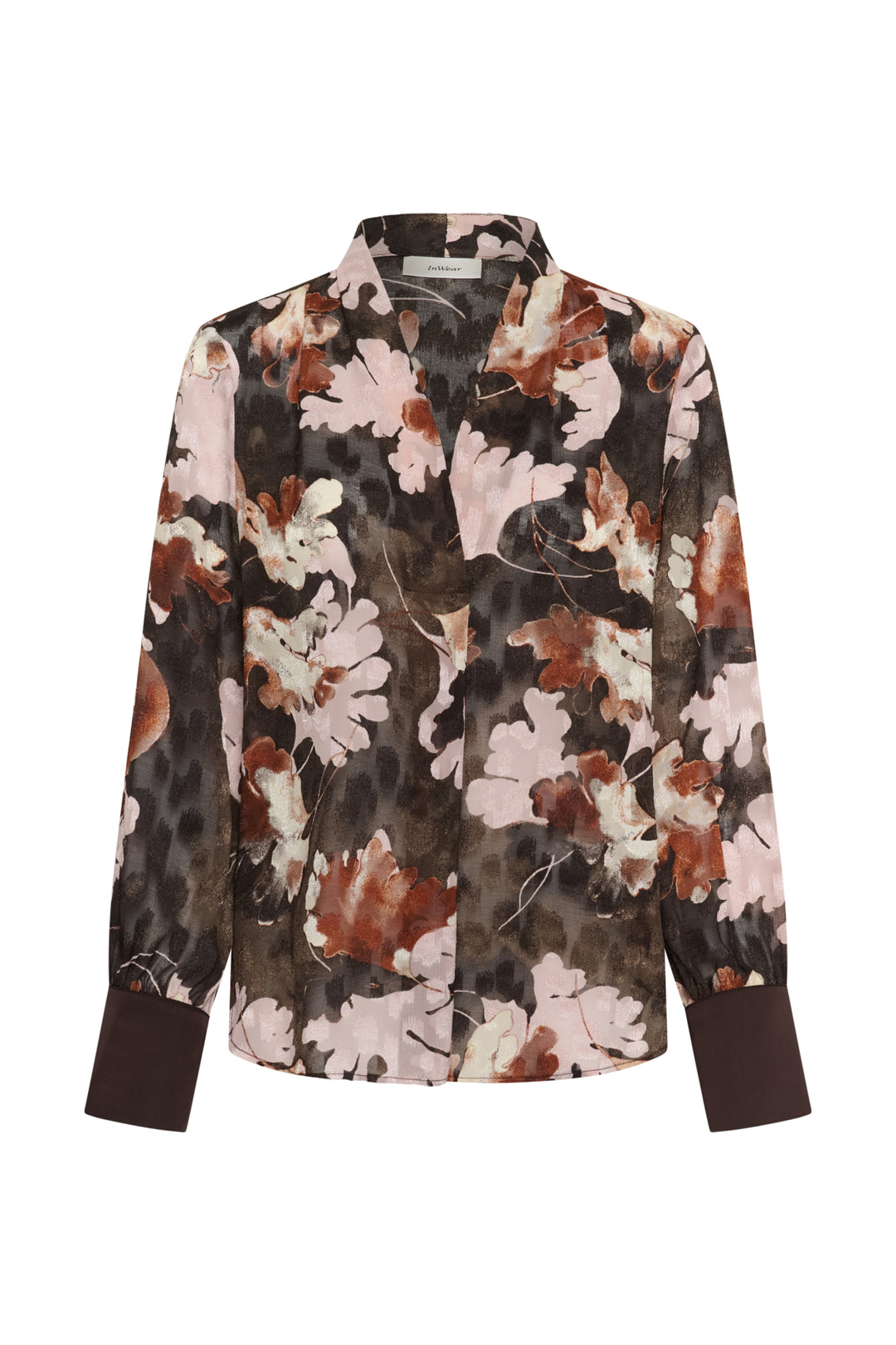 Masoniw V-Neck Blouse Brown W Pink Fall Leaves