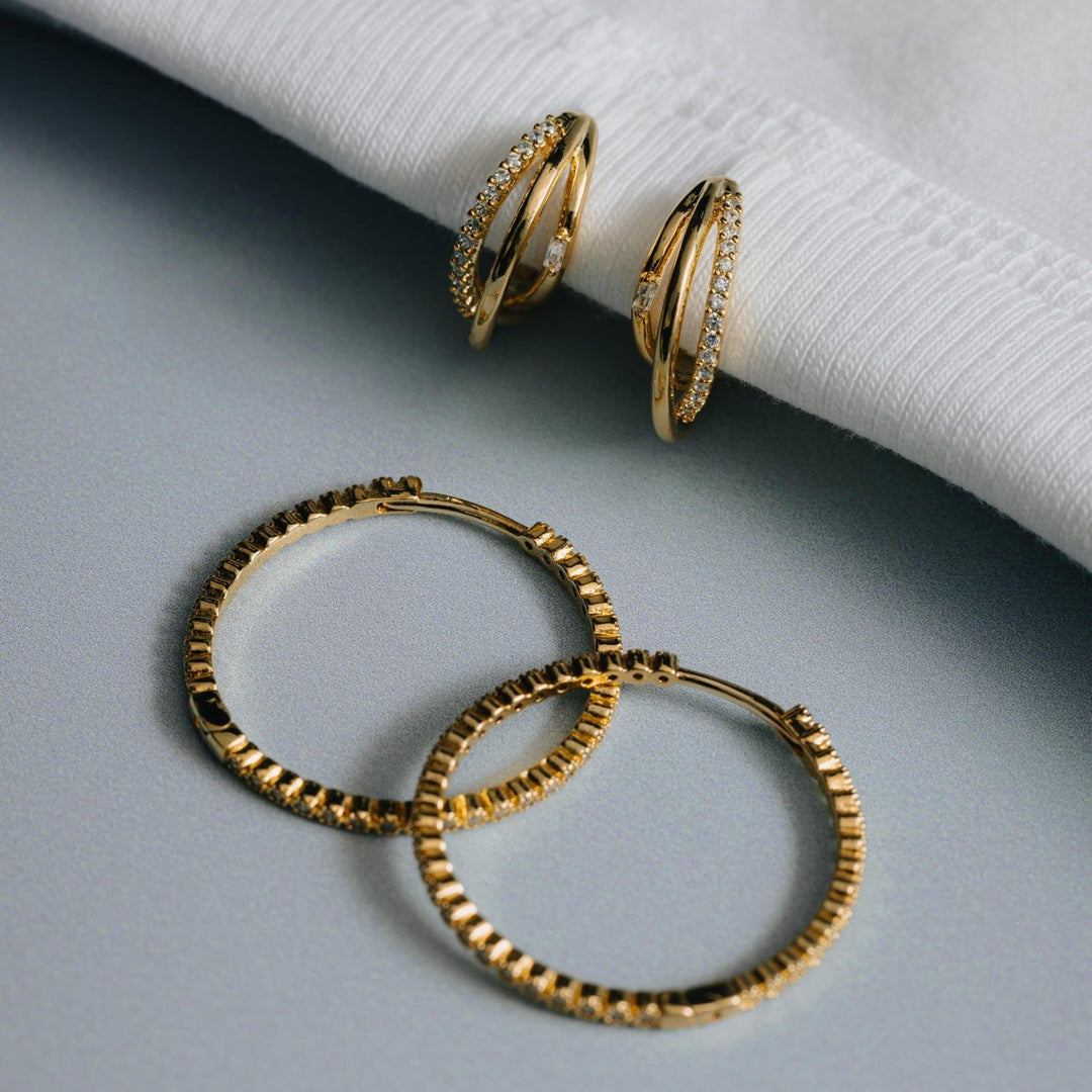 Mixed Pave Triple Illusion Hoop Earrings Pale Gold