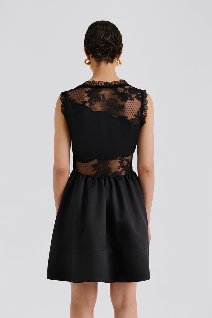 Rosy Lace Trimmed Cut Out Mini Dress Black