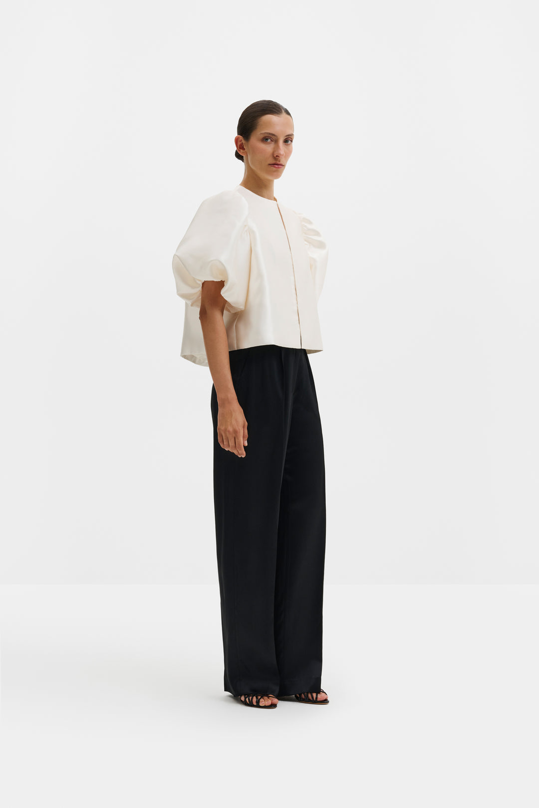 Cleo Puff-Sleeve Satin Blouse Ivory