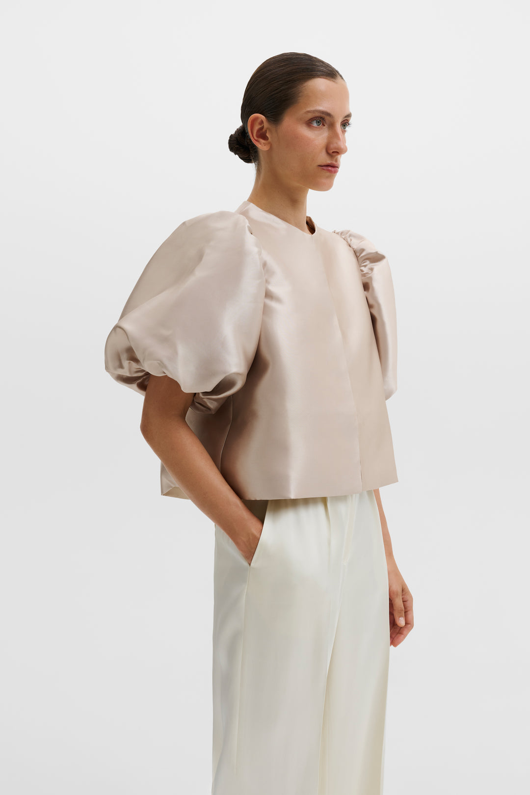 Cleo Puff-Sleeve Satin Blouse Soft Beige