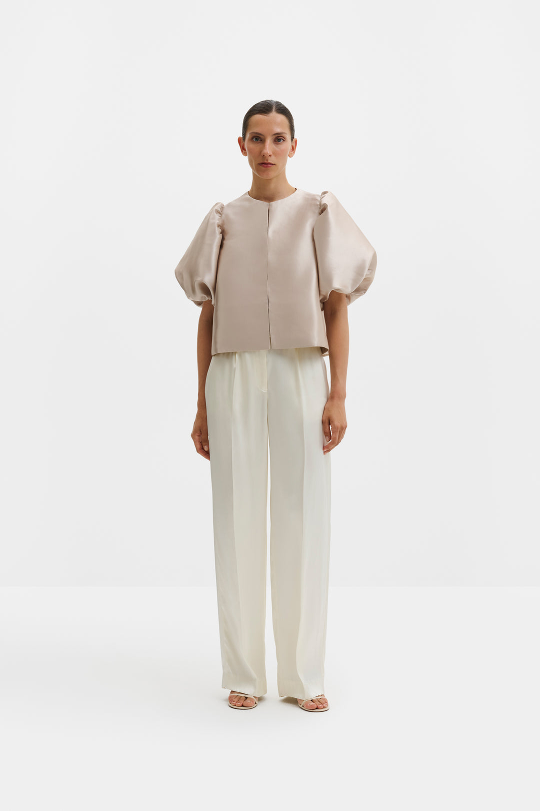 Cleo Puff-Sleeve Satin Blouse Soft Beige